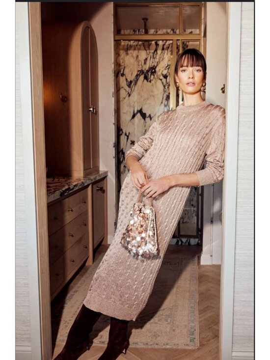 NEW Tuckernuck Cable Knit Metallic Gold Stretch Bodycon Sweater Maxi Dress Small - Picture 1 of 11